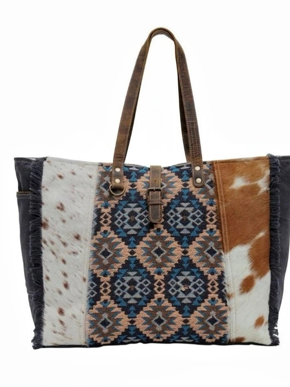 Myra bag Geometric Cowhide Tote in Black & Brown